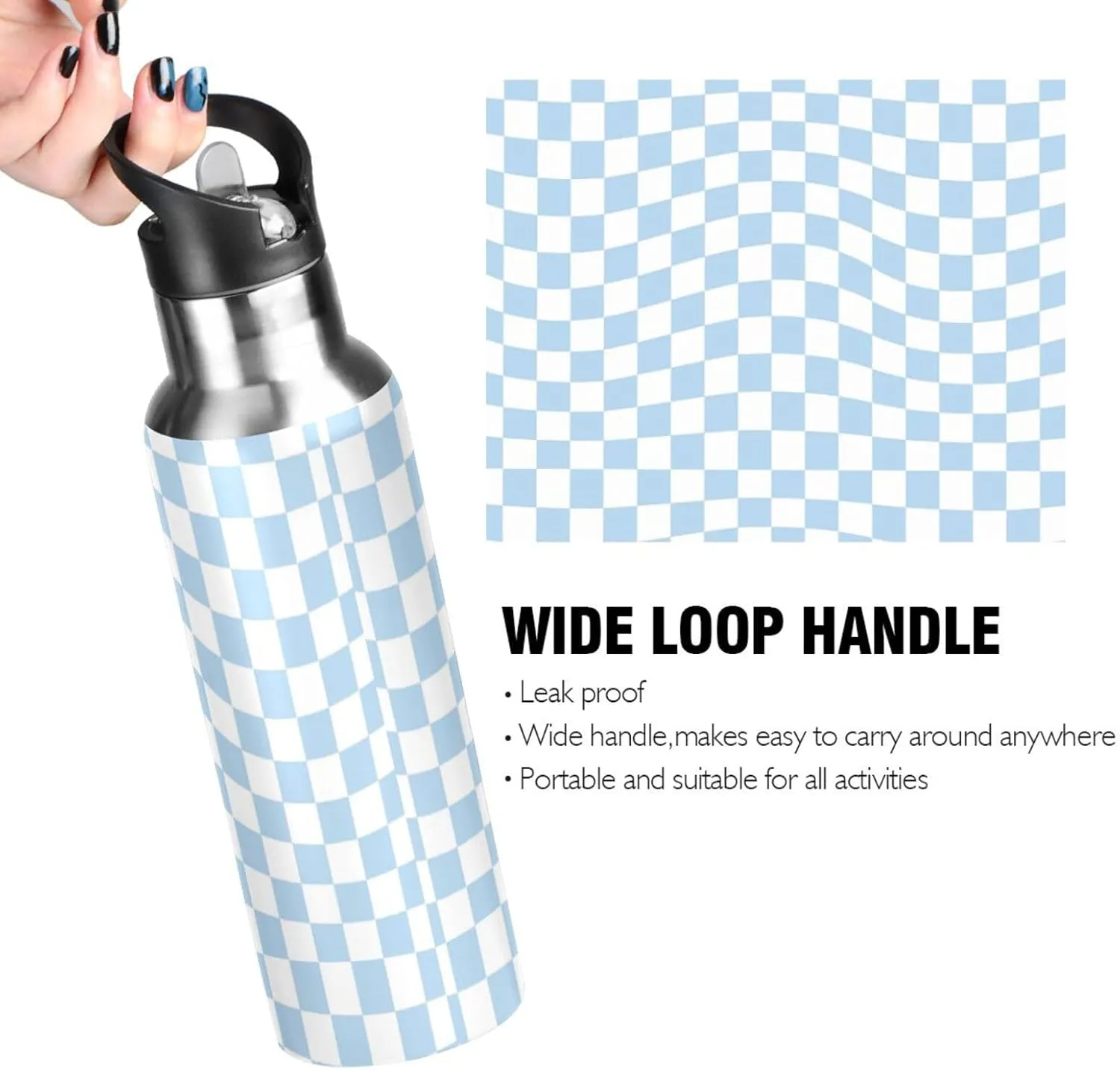 Wusikd Twisted Checkered Water Bottle with Straw Lid Double Wall Colorful Retro Checkerboard Thermos Bottle Vacuum Insulated Flask Stainless Steel Water Bottle for Gym Outdoor 20 OZ