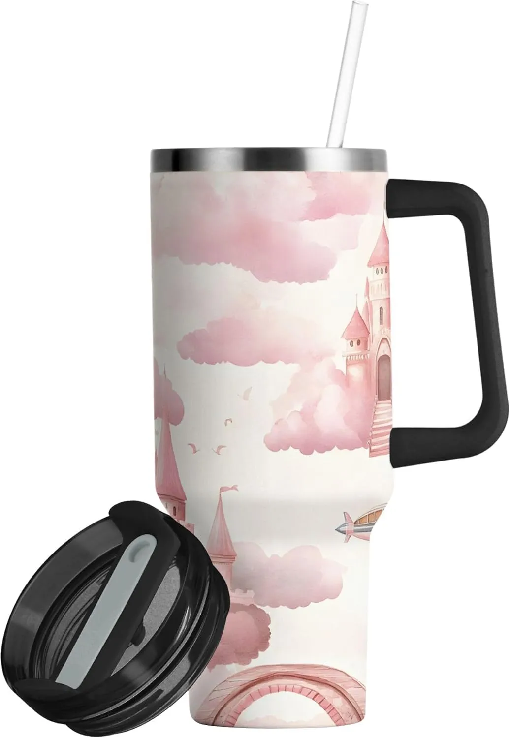 xigua 30 oz Watercolor Castle Tumbler with Handle and Straw Lid, Stainless Steel Vacuum Insulated Sports Water Bottle, Keeps Cold or Hot Coffee Cup Travel Mug