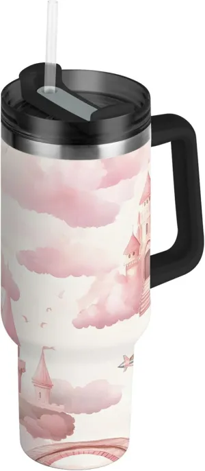 xigua 30 oz Watercolor Castle Tumbler with Handle and Straw Lid, Stainless Steel Vacuum Insulated Sports Water Bottle, Keeps Cold or Hot Coffee Cup Travel Mug