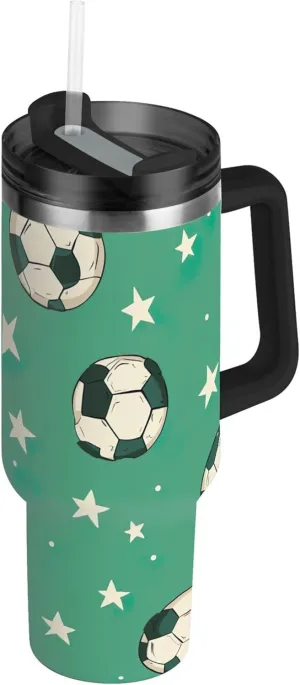 xigua 40 oz Soccer Balls and Stars Tumbler with Handle and Straw Lid, Stainless Steel Vacuum Insulated Sports Water Bottle, Keeps Cold or Hot Coffee Cup Travel Mug