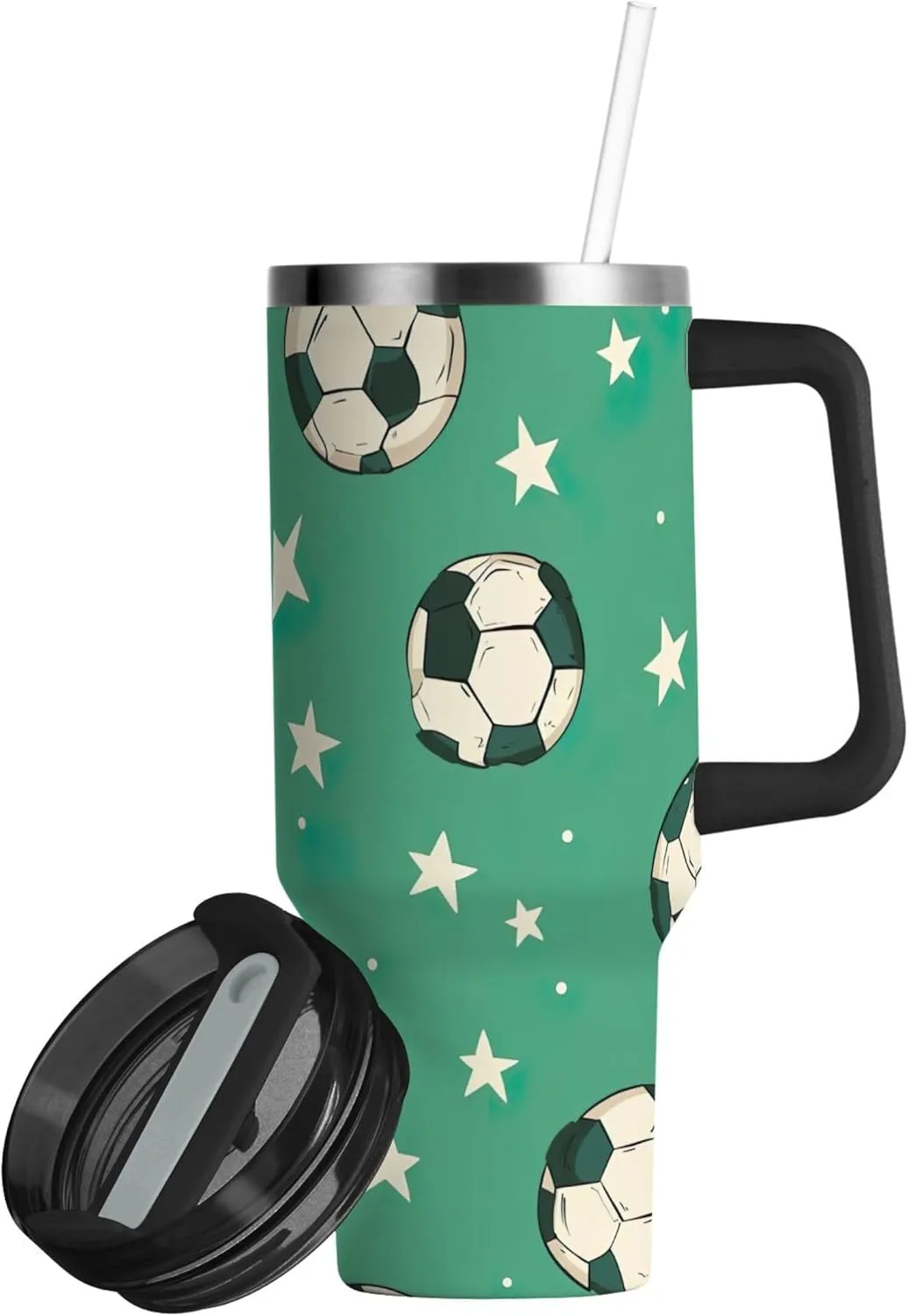 xigua 40 oz Soccer Balls and Stars Tumbler with Handle and Straw Lid, Stainless Steel Vacuum Insulated Sports Water Bottle, Keeps Cold or Hot Coffee Cup Travel Mug