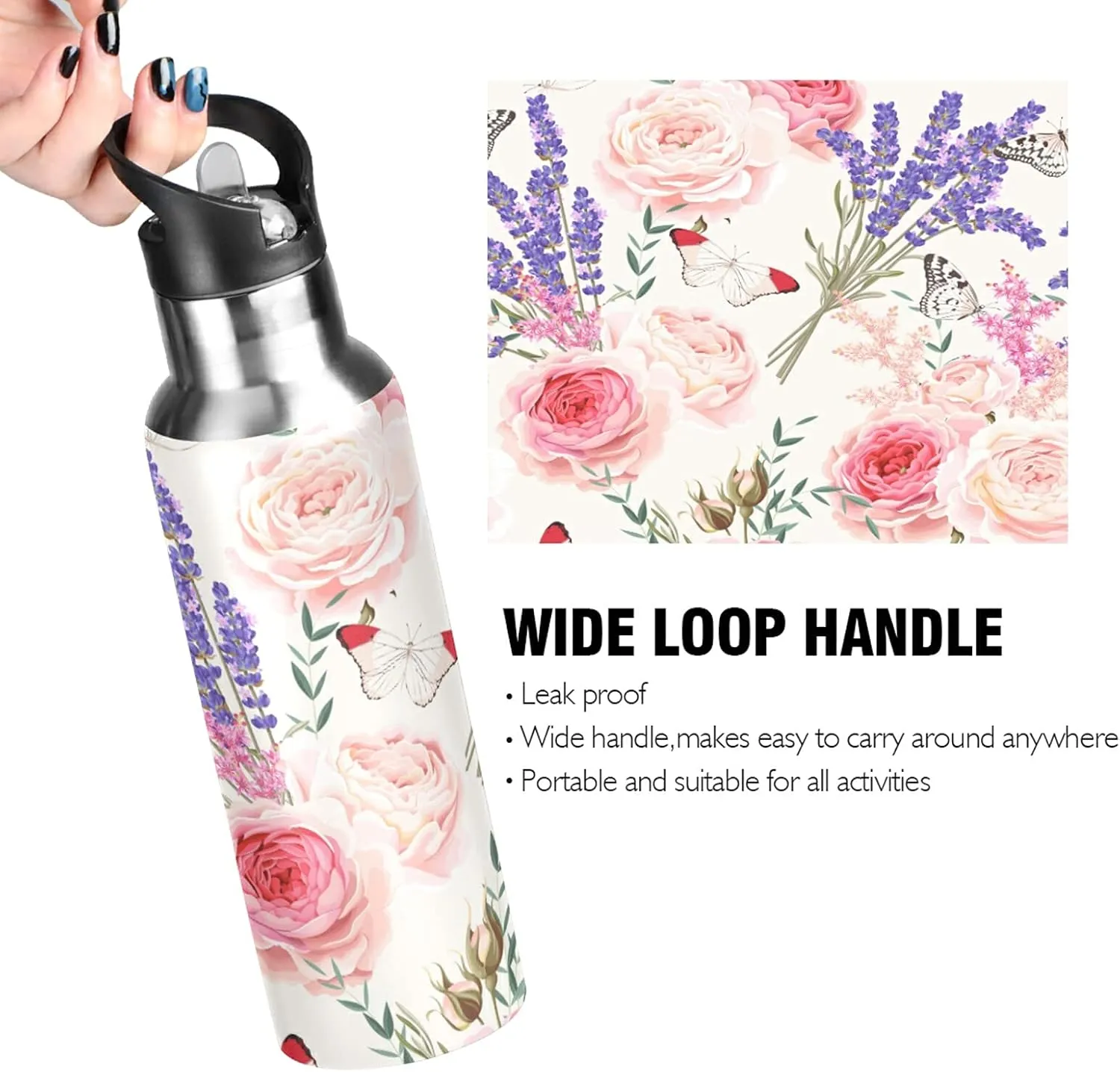 xigua Butterfly Lavender Flower Water Bottle with Straw, 32OZ Sports Water Bottle BPA Free Stainless Steel Water Jugs for Gym,Working, Outdoor（582）