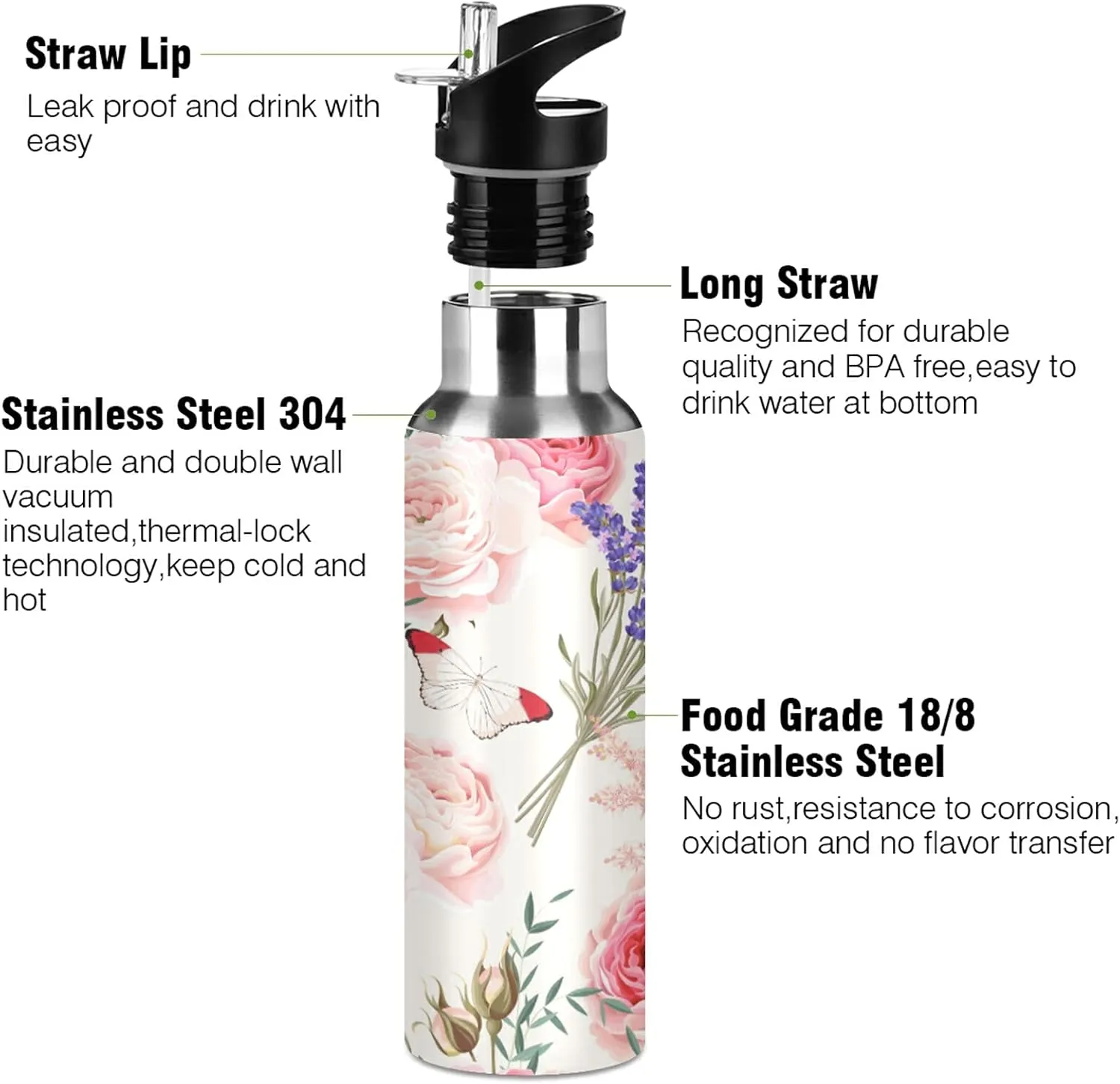 xigua Butterfly Lavender Flower Water Bottle with Straw, 32OZ Sports Water Bottle BPA Free Stainless Steel Water Jugs for Gym,Working, Outdoor（582）