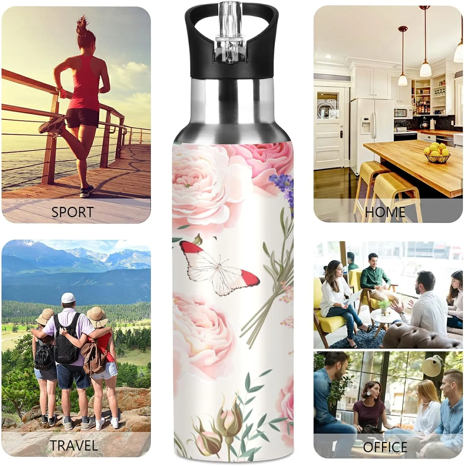 xigua Butterfly Lavender Flower Water Bottle with Straw, 32OZ Sports Water Bottle BPA Free Stainless Steel Water Jugs for Gym,Working, Outdoor（582）