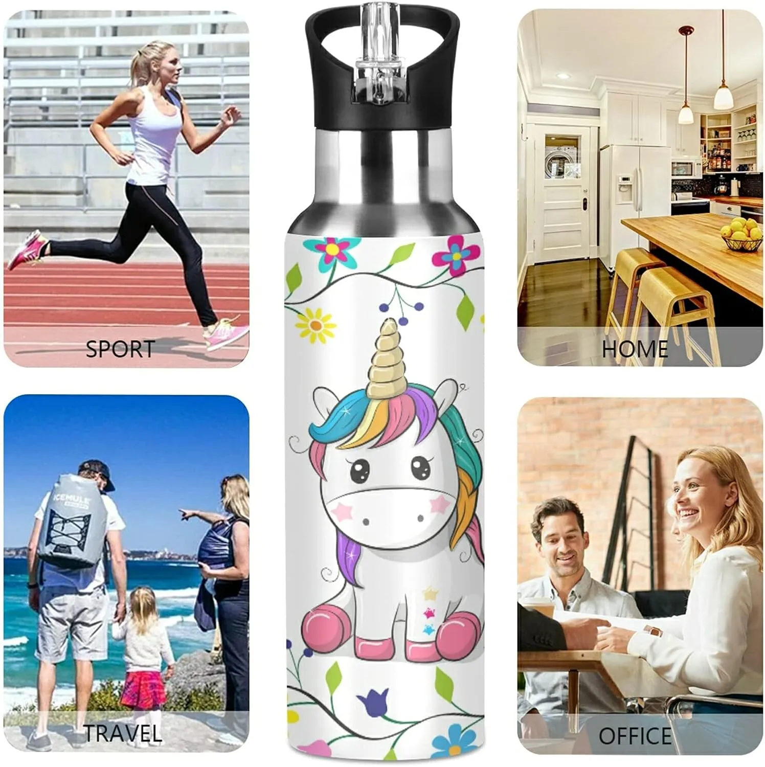 xigua Cute Cartoon Unicorn Water Bottle, BPA Free Stainless Steel Water Bottle Leak-Proof Sports Bottle for Camping Workouts Gym and Outdoor Activity, 22oz