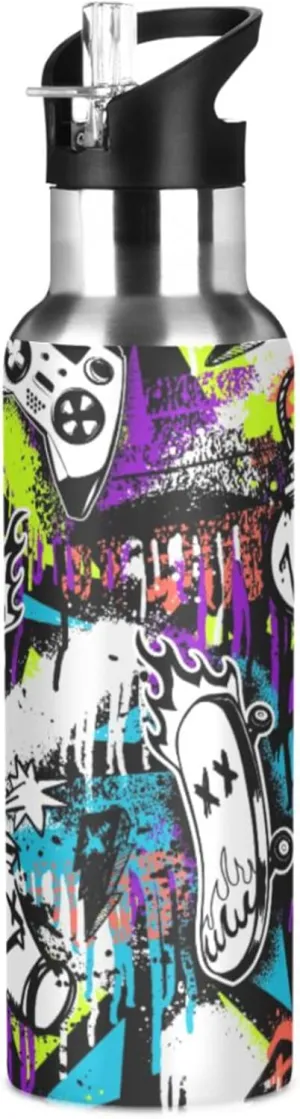xigua Graffiti Skateboard Cartoon Water Bottle with Straw Lid Vacuum Insulated Stainless Steel Thermo Flask for Sports Cycling Hiking School Home,32 oz.