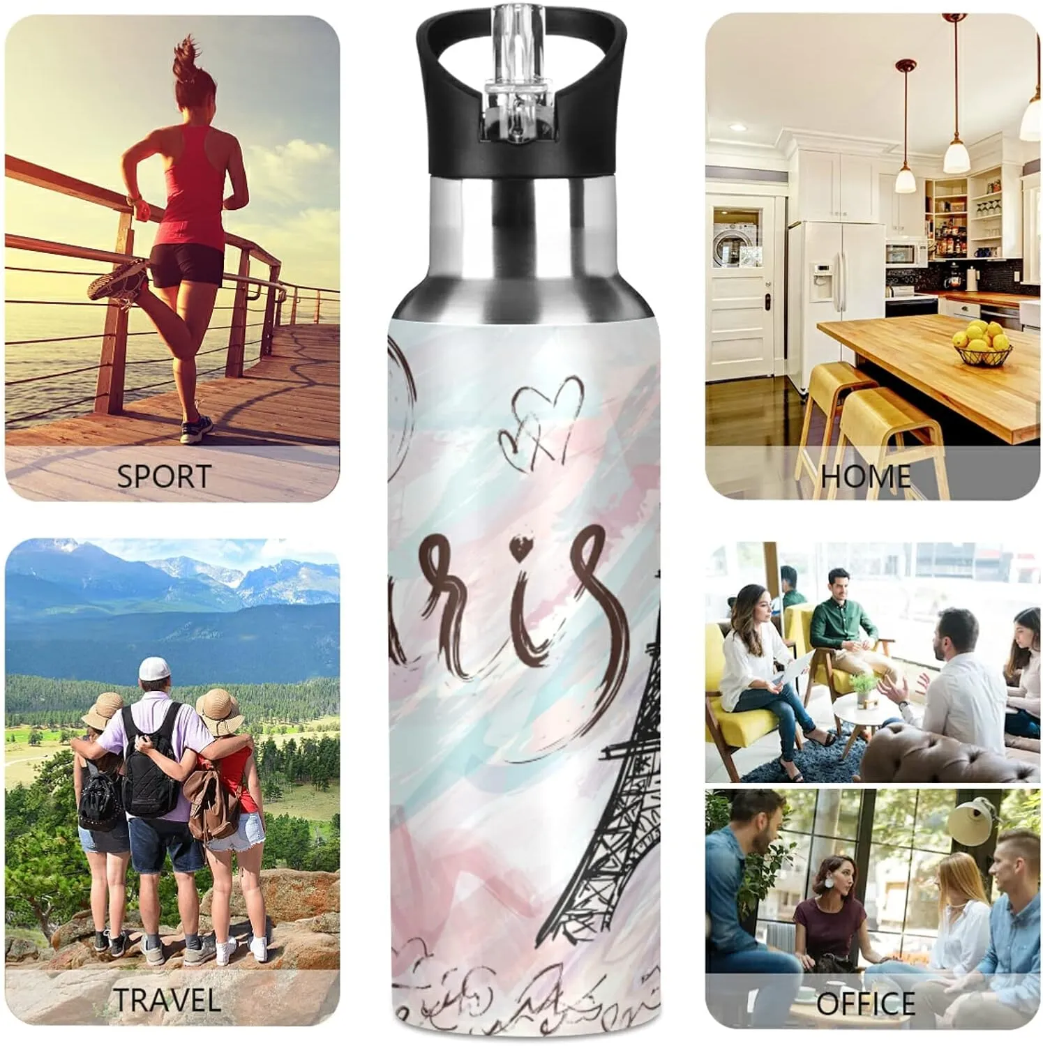 xigua Painted Eiffel Tower in Paris Water Bottle with Straw, 20OZ Sports Water Bottle BPA Free Stainless Steel Water Jugs for Gym,Working, Outdoor（374）