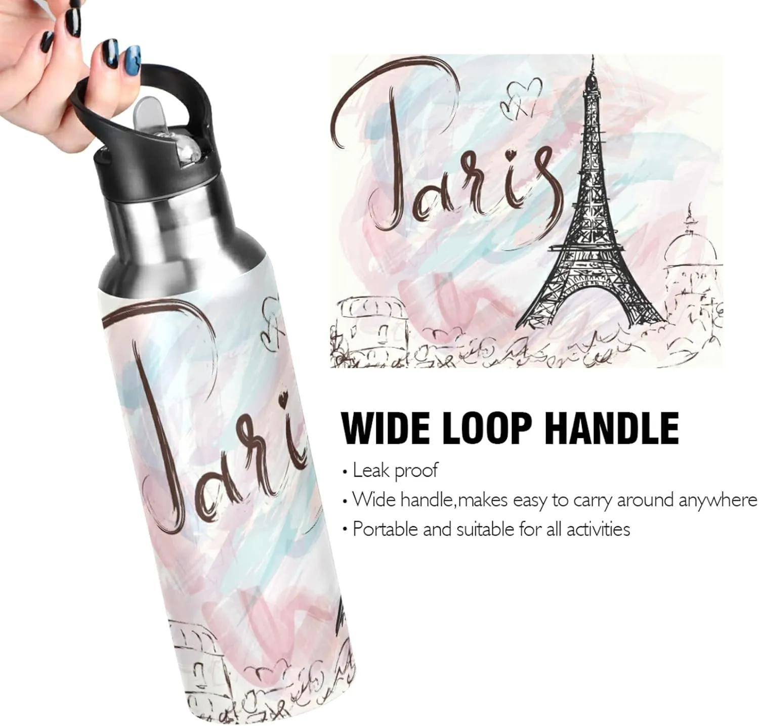 xigua Painted Eiffel Tower in Paris Water Bottle with Straw, 20OZ Sports Water Bottle BPA Free Stainless Steel Water Jugs for Gym,Working, Outdoor（374）