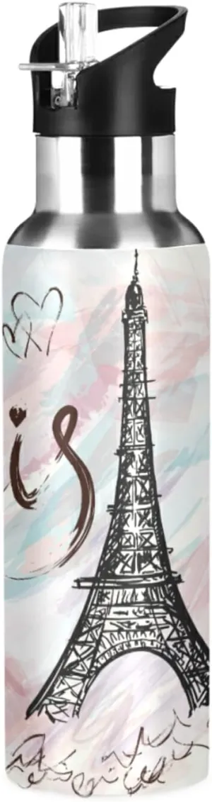 xigua Painted Eiffel Tower in Paris Water Bottle with Straw, 20OZ Sports Water Bottle BPA Free Stainless Steel Water Jugs for Gym,Working, Outdoor（374）