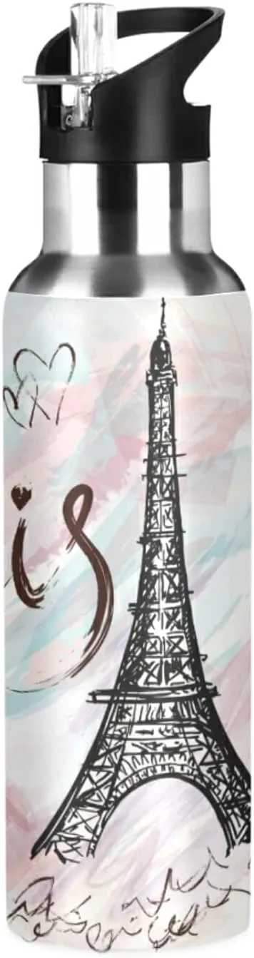 xigua Painted Eiffel Tower in Paris Water Bottle with Straw, 20OZ Sports Water Bottle BPA Free Stainless Steel Water Jugs for Gym,Working, Outdoor（374）