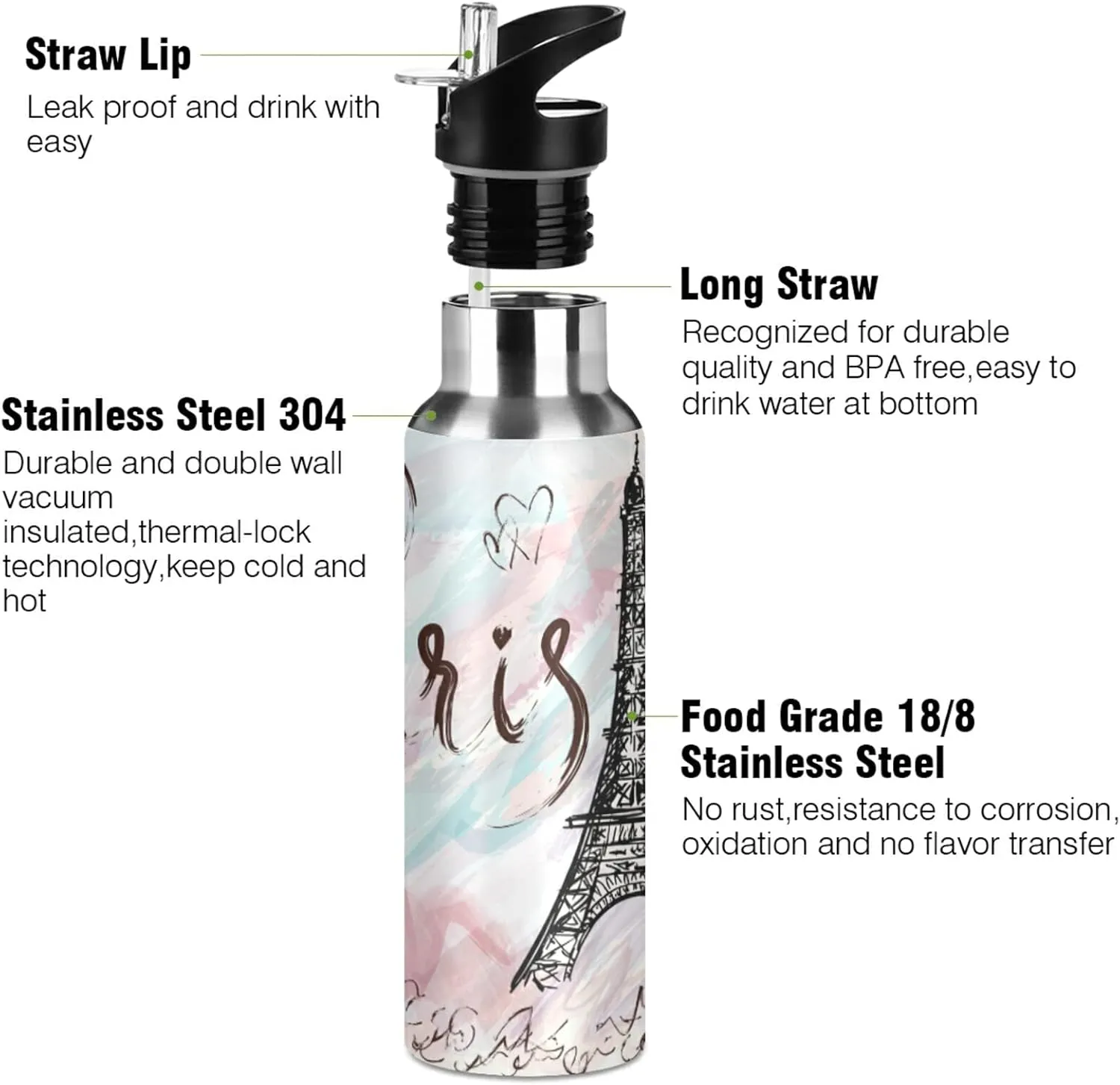 xigua Painted Eiffel Tower in Paris Water Bottle with Straw, 20OZ Sports Water Bottle BPA Free Stainless Steel Water Jugs for Gym,Working, Outdoor（374）