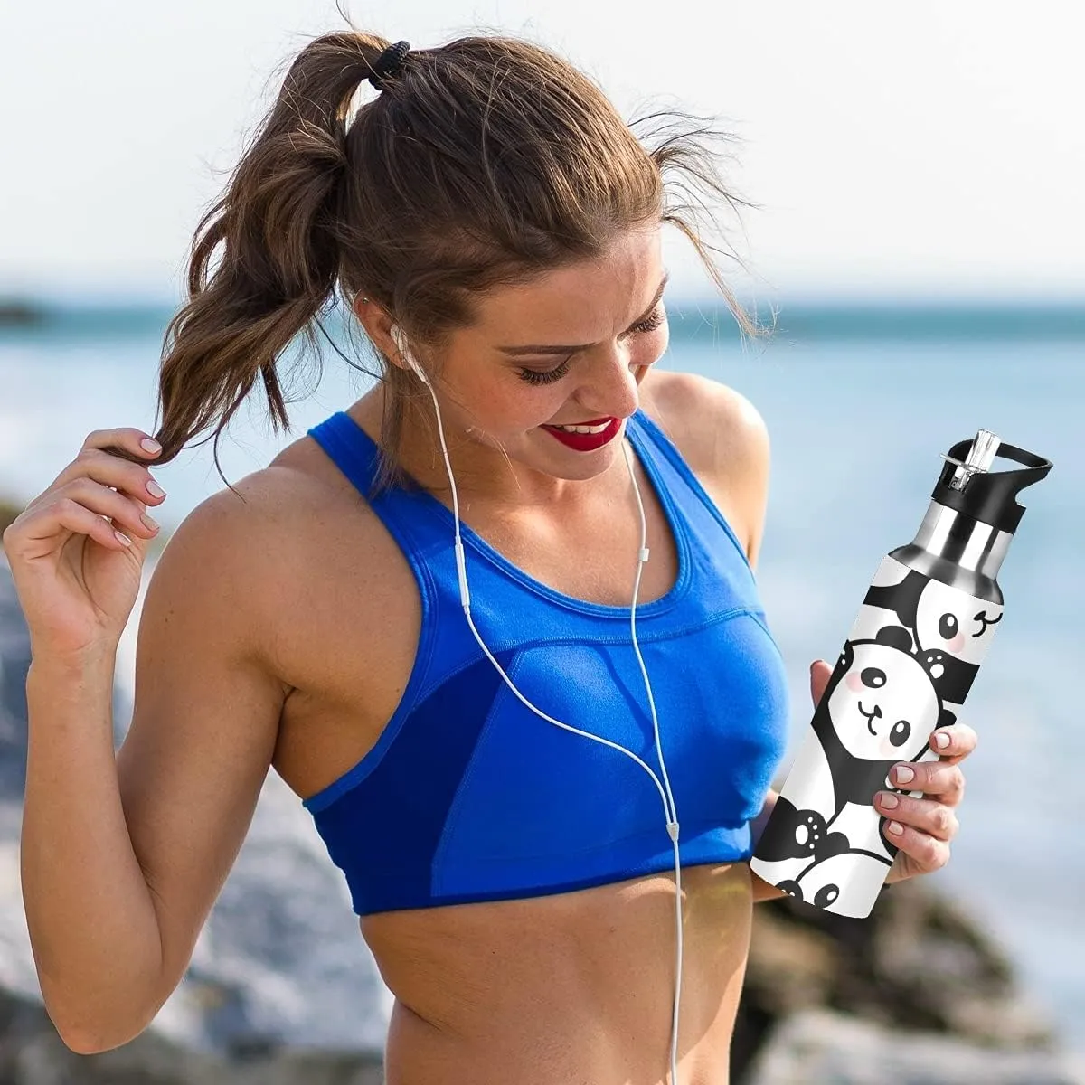 xigua Panda Sport Water Bottle with Straw Lid Double Wall Vacuum Insulated Flask Stainless Steel Water Bottle 20 oz