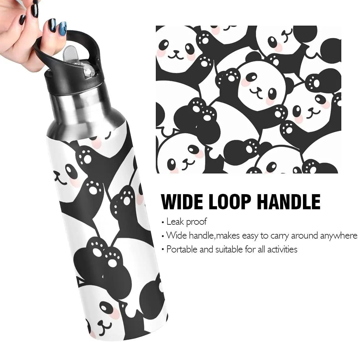 xigua Panda Sport Water Bottle with Straw Lid Double Wall Vacuum Insulated Flask Stainless Steel Water Bottle 20 oz