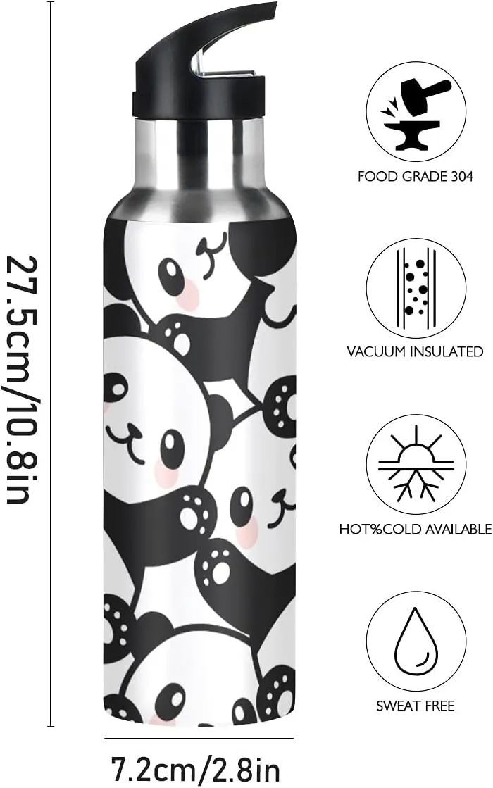 xigua Panda Sport Water Bottle with Straw Lid Double Wall Vacuum Insulated Flask Stainless Steel Water Bottle 20 oz
