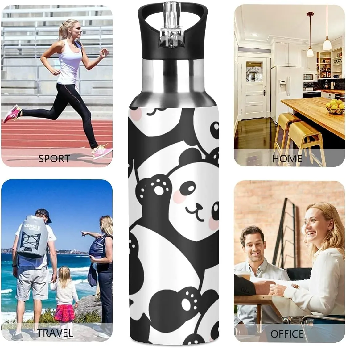 xigua Panda Sport Water Bottle with Straw Lid Double Wall Vacuum Insulated Flask Stainless Steel Water Bottle 20 oz