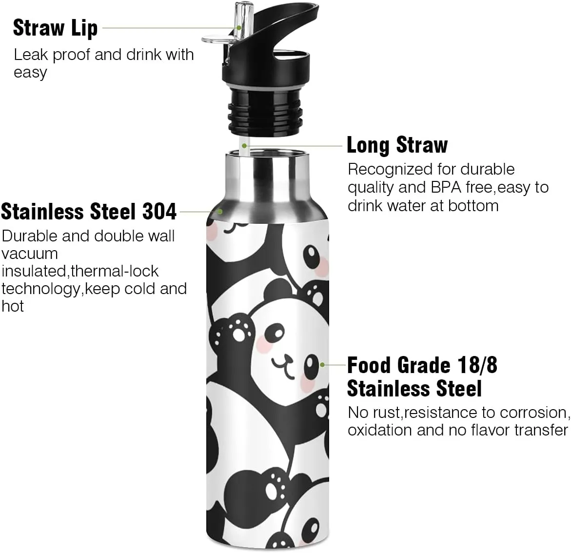 xigua Panda Sport Water Bottle with Straw Lid Double Wall Vacuum Insulated Flask Stainless Steel Water Bottle 20 oz
