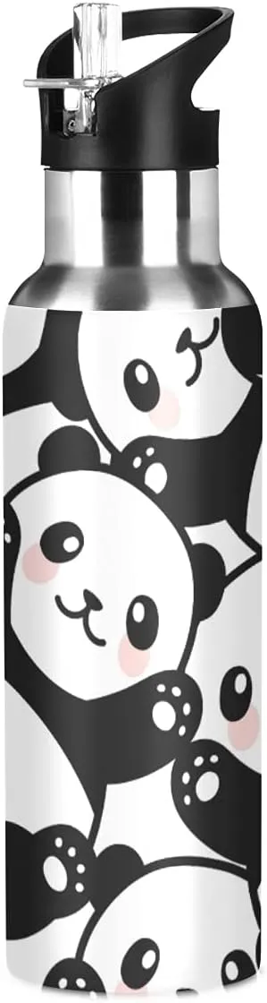 xigua Panda Sport Water Bottle with Straw Lid Double Wall Vacuum Insulated Flask Stainless Steel Water Bottle 20 oz