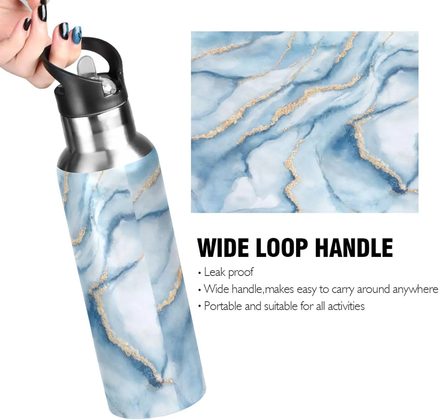 xigua White Blue Marble Water Bottle with Straw, 32OZ Sports Water Bottle BPA Free Stainless Steel Water Jugs for Gym,Working, Outdoor