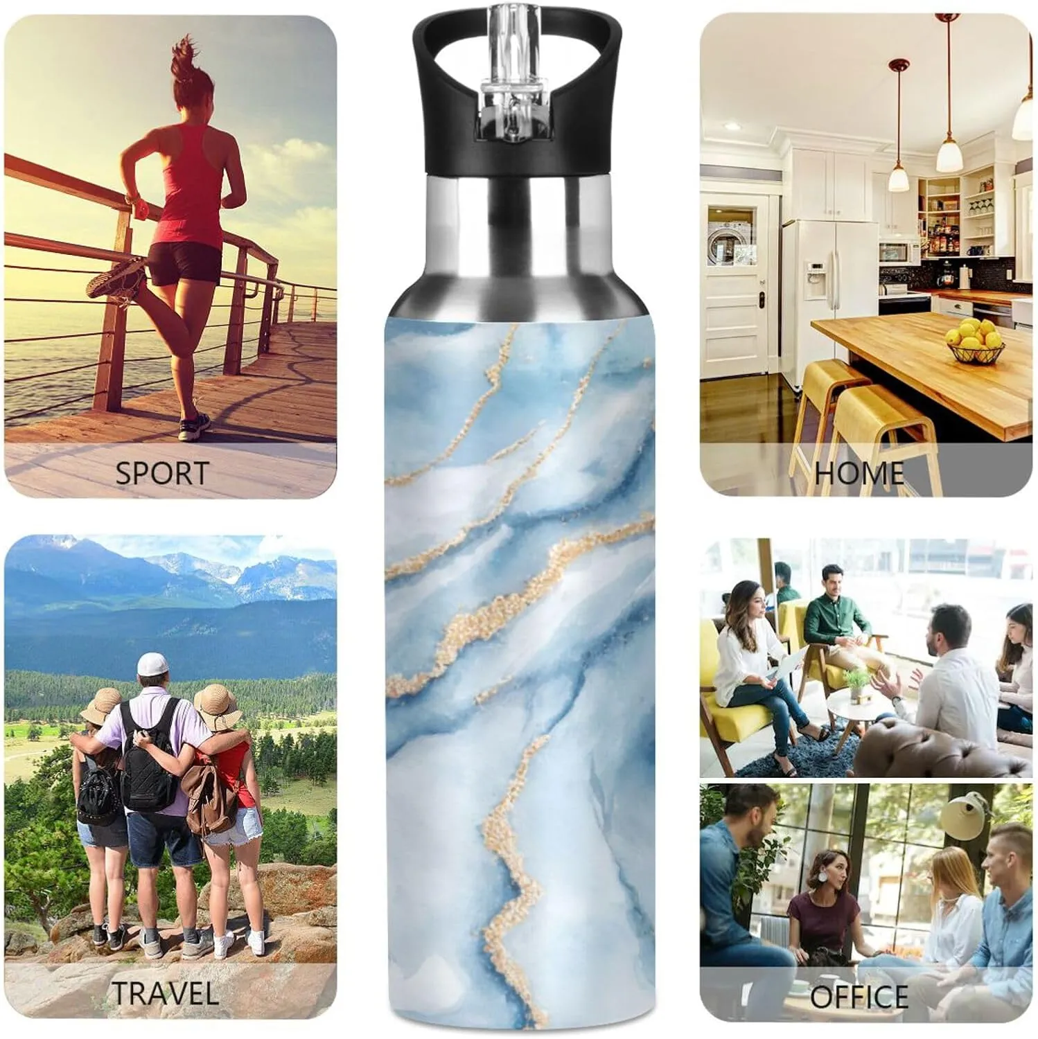 xigua White Blue Marble Water Bottle with Straw, 32OZ Sports Water Bottle BPA Free Stainless Steel Water Jugs for Gym,Working, Outdoor