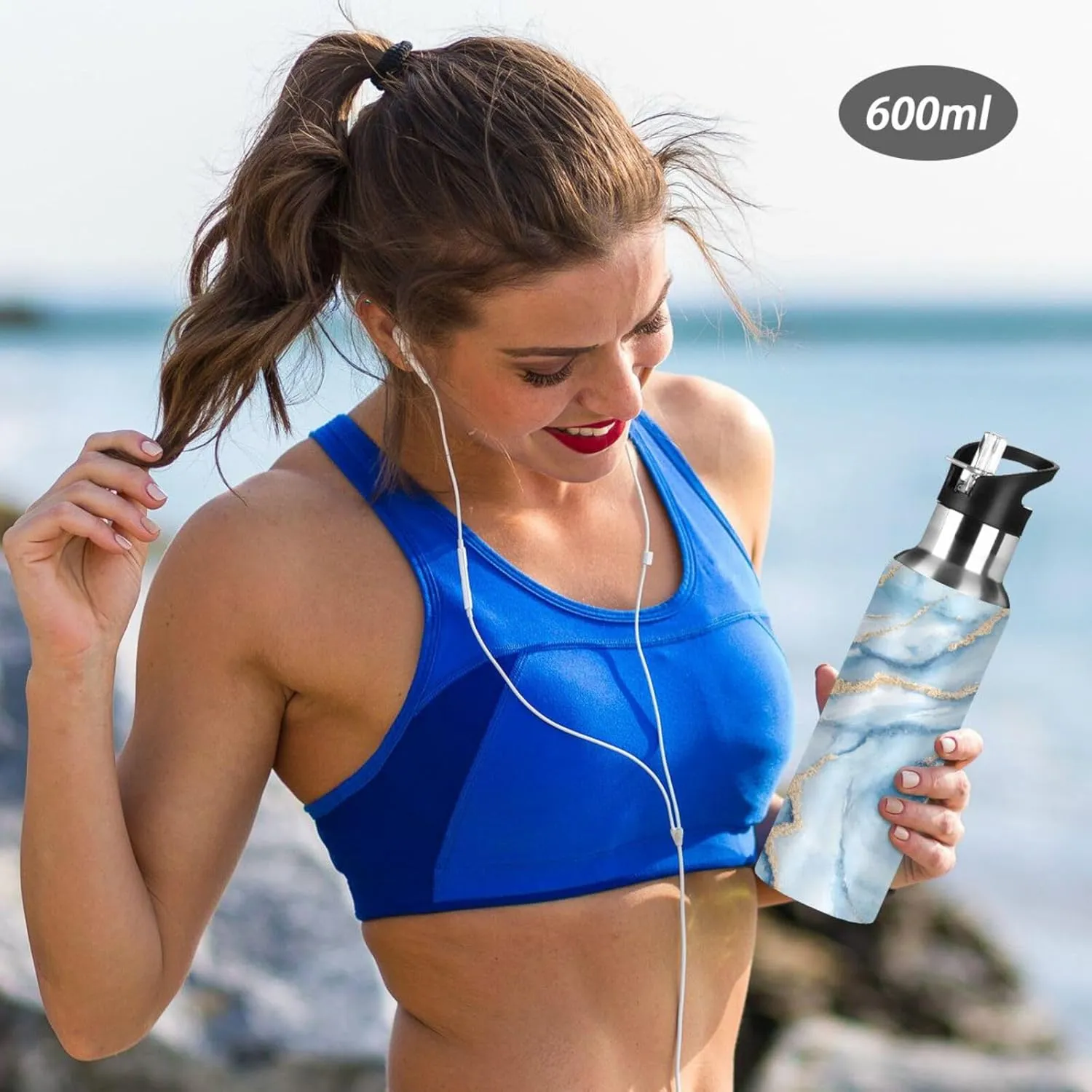 xigua White Blue Marble Water Bottle with Straw, 32OZ Sports Water Bottle BPA Free Stainless Steel Water Jugs for Gym,Working, Outdoor