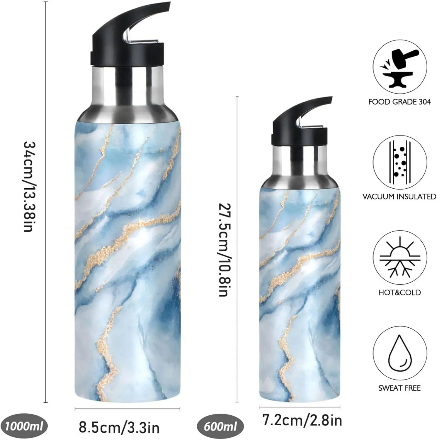xigua White Blue Marble Water Bottle with Straw, 32OZ Sports Water Bottle BPA Free Stainless Steel Water Jugs for Gym,Working, Outdoor