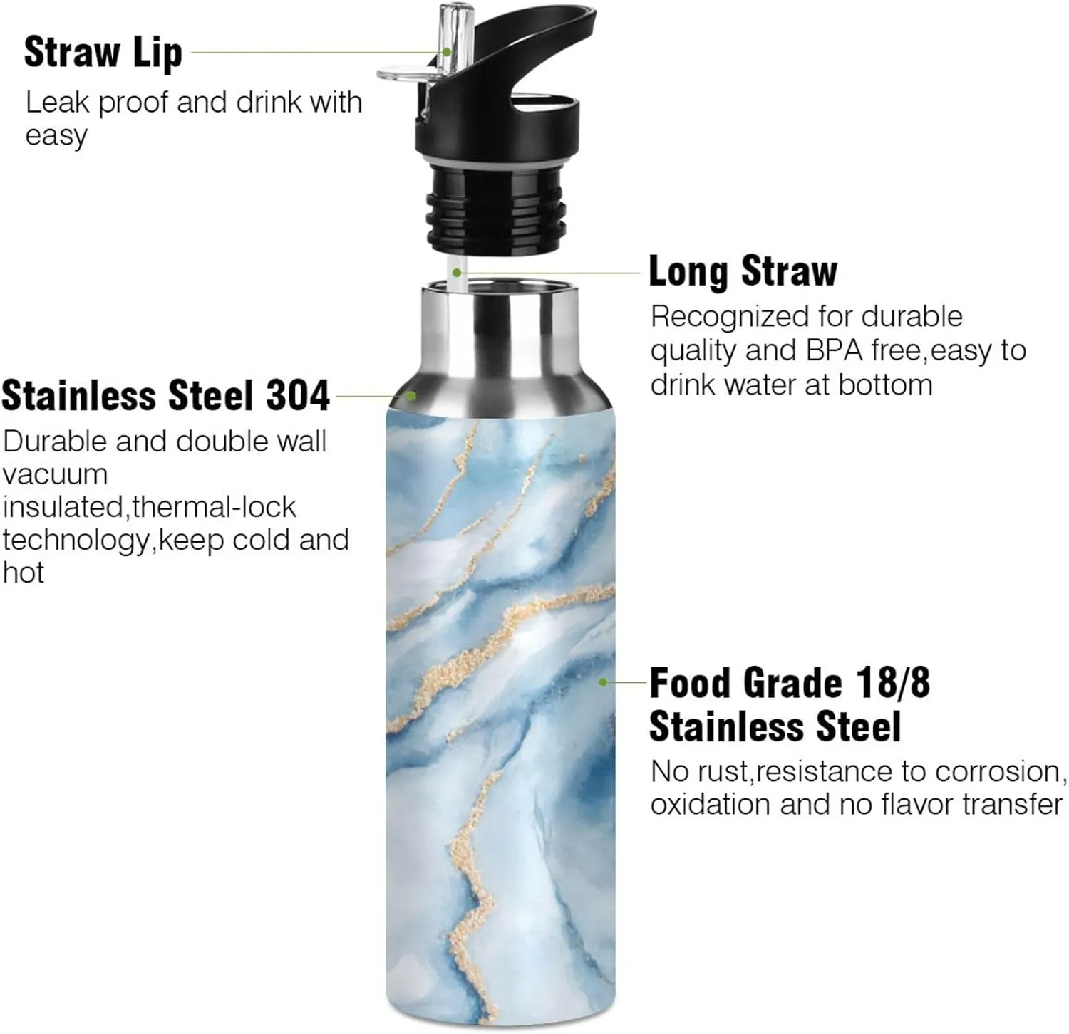 xigua White Blue Marble Water Bottle with Straw, 32OZ Sports Water Bottle BPA Free Stainless Steel Water Jugs for Gym,Working, Outdoor