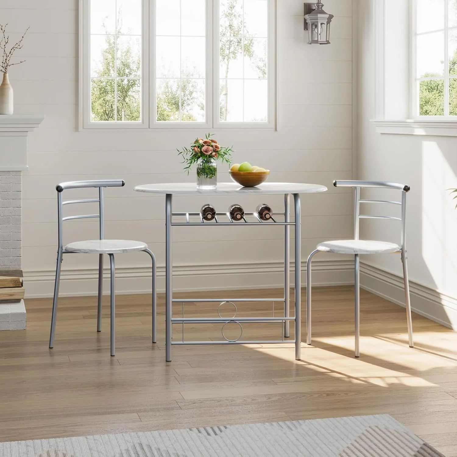 Yaheetech 3-Piece Dining Table Set, Breakfast Bistro Table Set for 2, Small Kitchen and Table Chairs Set of 2 with Metal Frame and Storage Rack for Small Space/Apartment/Dorm Room, White