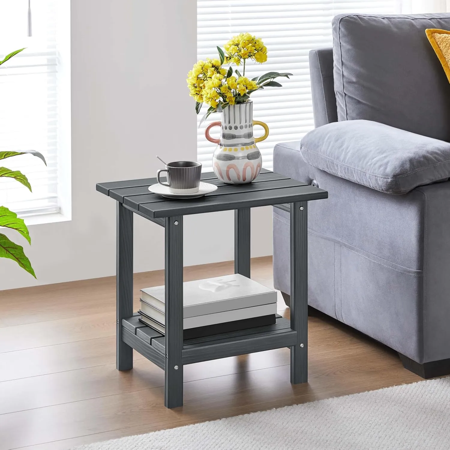 Yaheetech Adirondack Outdoor Side Table, HDPE Small Patio End Table, Pool Composite Patio Table, Balcony Modern Outside Tables for Garden, Pool, Beach, Porch, Deck, Indoor, Backyard Gray/Double Layer