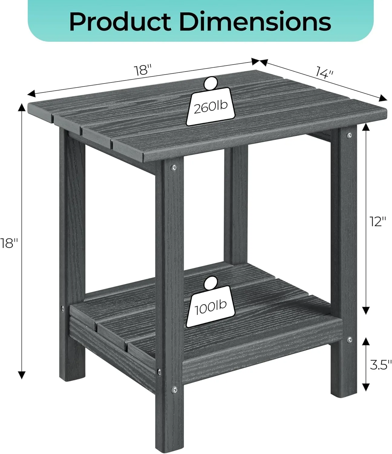 Yaheetech Adirondack Outdoor Side Table, HDPE Small Patio End Table, Pool Composite Patio Table, Balcony Modern Outside Tables for Garden, Pool, Beach, Porch, Deck, Indoor, Backyard Gray/Double Layer