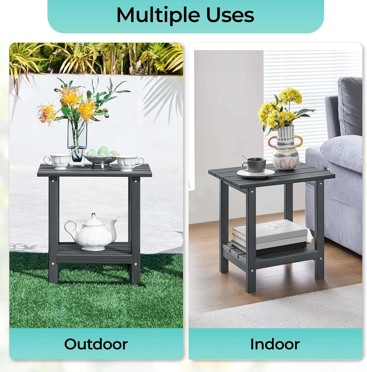 Yaheetech Adirondack Outdoor Side Table, HDPE Small Patio End Table, Pool Composite Patio Table, Balcony Modern Outside Tables for Garden, Pool, Beach, Porch, Deck, Indoor, Backyard Gray/Double Layer