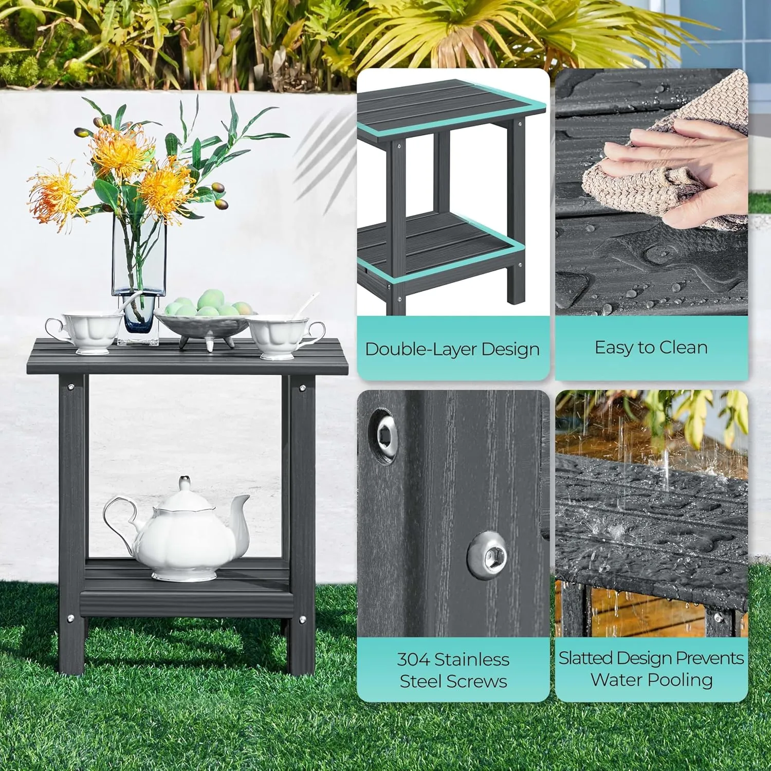 Yaheetech Adirondack Outdoor Side Table, HDPE Small Patio End Table, Pool Composite Patio Table, Balcony Modern Outside Tables for Garden, Pool, Beach, Porch, Deck, Indoor, Backyard Gray/Double Layer