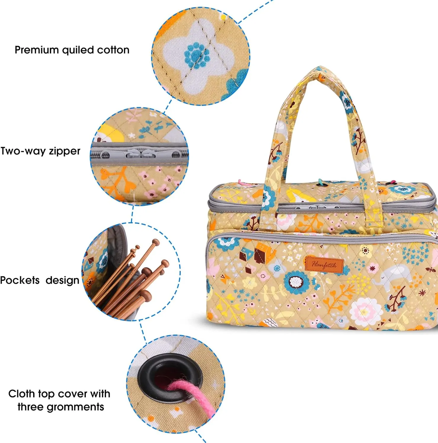 Yarn Storage Organizer with Grommets - Portable Crochet & Knitting Bag for Skeins, Hooks, Needles & Accessories (Flower-Yellow)