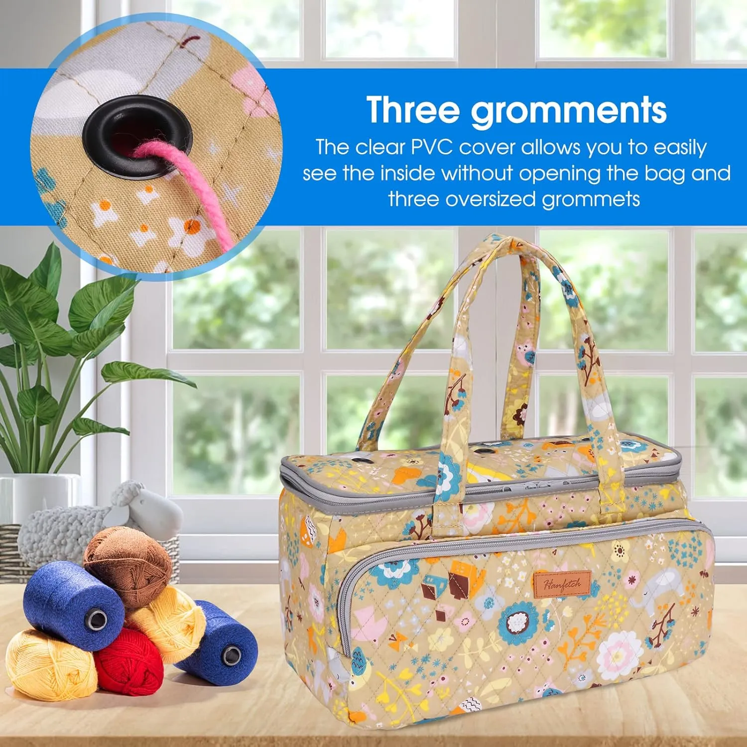 Yarn Storage Organizer with Grommets - Portable Crochet & Knitting Bag for Skeins, Hooks, Needles & Accessories (Flower-Yellow)
