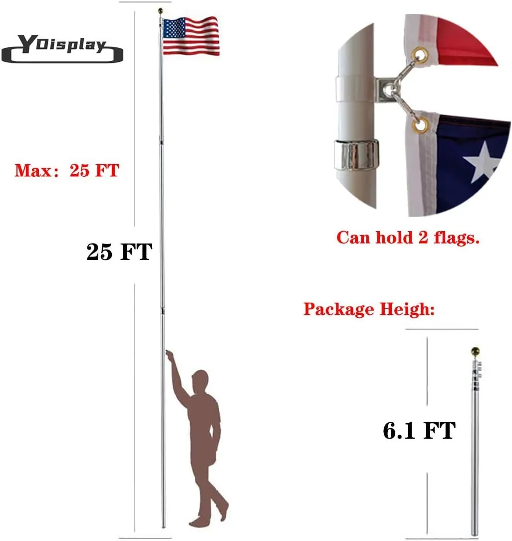 YDisplay 25ft Flag Pole Kit for Outside Inground Heavy Duty Telescoping Flagpole 16 Gauge Aluminum with 3x5 American Flag, Golden Top Ball and Clips for Yard Patio Garden- Can Fly 2 Flags