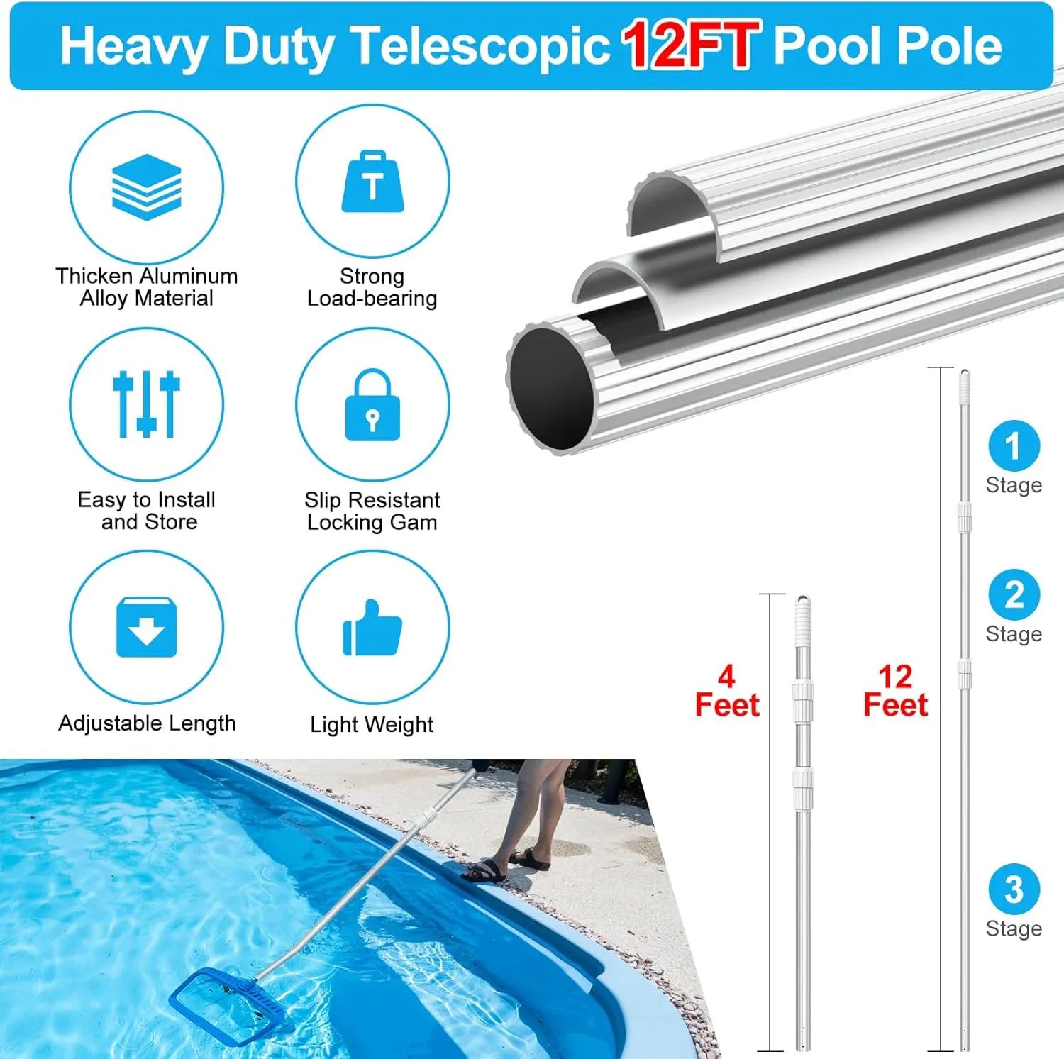 YEECHUN Professional Thicken 12 Foot Swimming Pool Pole Telescopic Aluminum Fits Pool Net Skimmer Rake Vacuum Head Brush Cleaning Equipment Heavy Duty,for Skimmer Nets, Vacuum Heads and Brushes