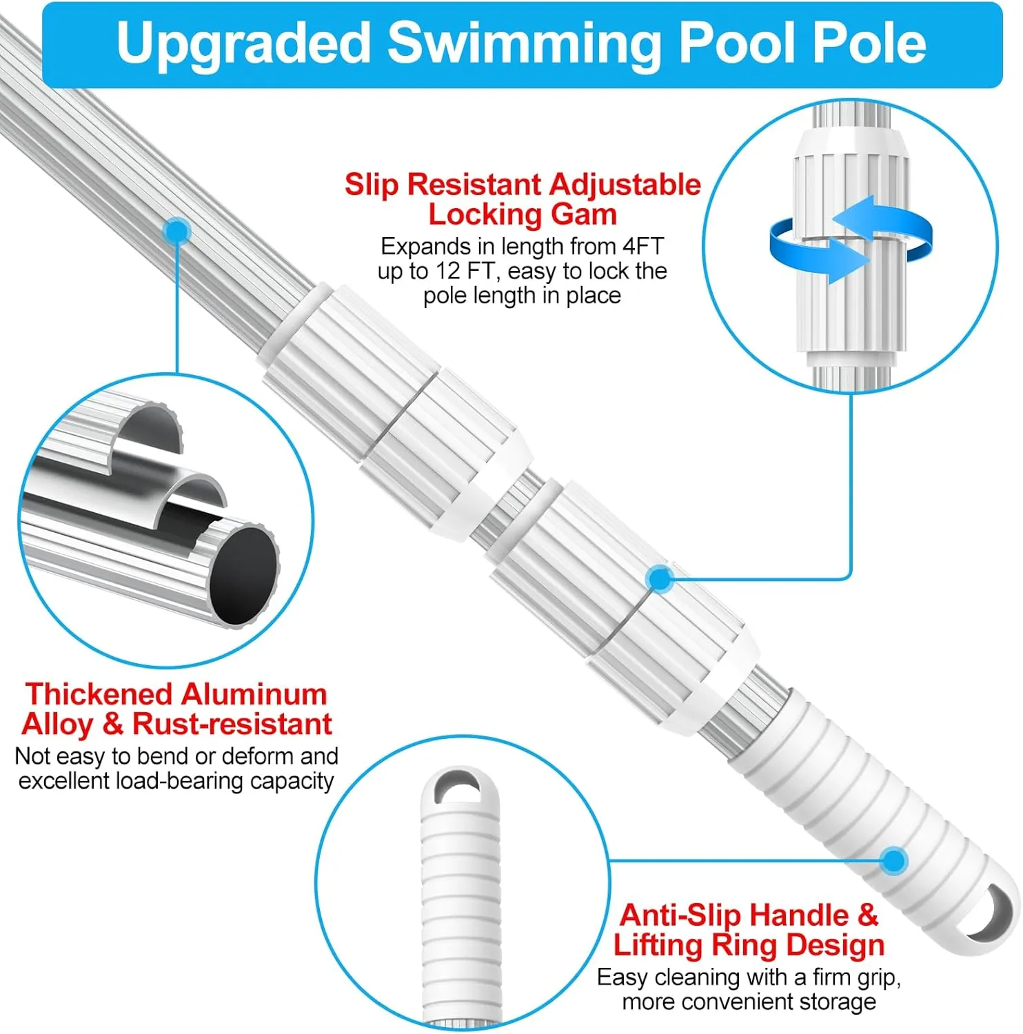 YEECHUN Professional Thicken 12 Foot Swimming Pool Pole Telescopic Aluminum Fits Pool Net Skimmer Rake Vacuum Head Brush Cleaning Equipment Heavy Duty,for Skimmer Nets, Vacuum Heads and Brushes