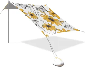 Yellow Daisies and Butterflies White Designed UPF50  Beach Tent Lightweight Large Sun Shade Includes Sand Shovel, Sandbags, Stability Poles for Camping, Fishing, Backyard Fun carpa para Playa