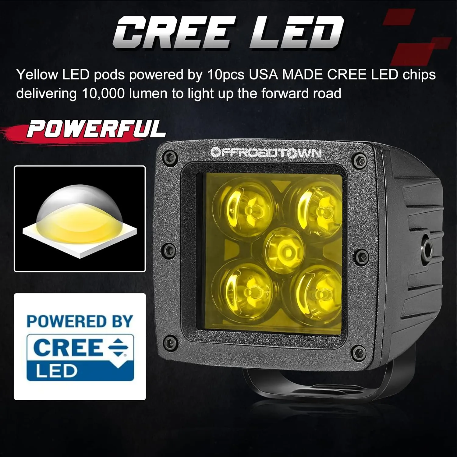 Yellow LED Pods, OFFROADTOWN 100W 2PCS 3 Inch CREE LED Cubes Light Spot Beam Off Road Driving Lights LED Pod Lights Square Led Cubes Yellow Fog Light Ditch Lighting for Trucks UTV ATV SUV Surron Boat