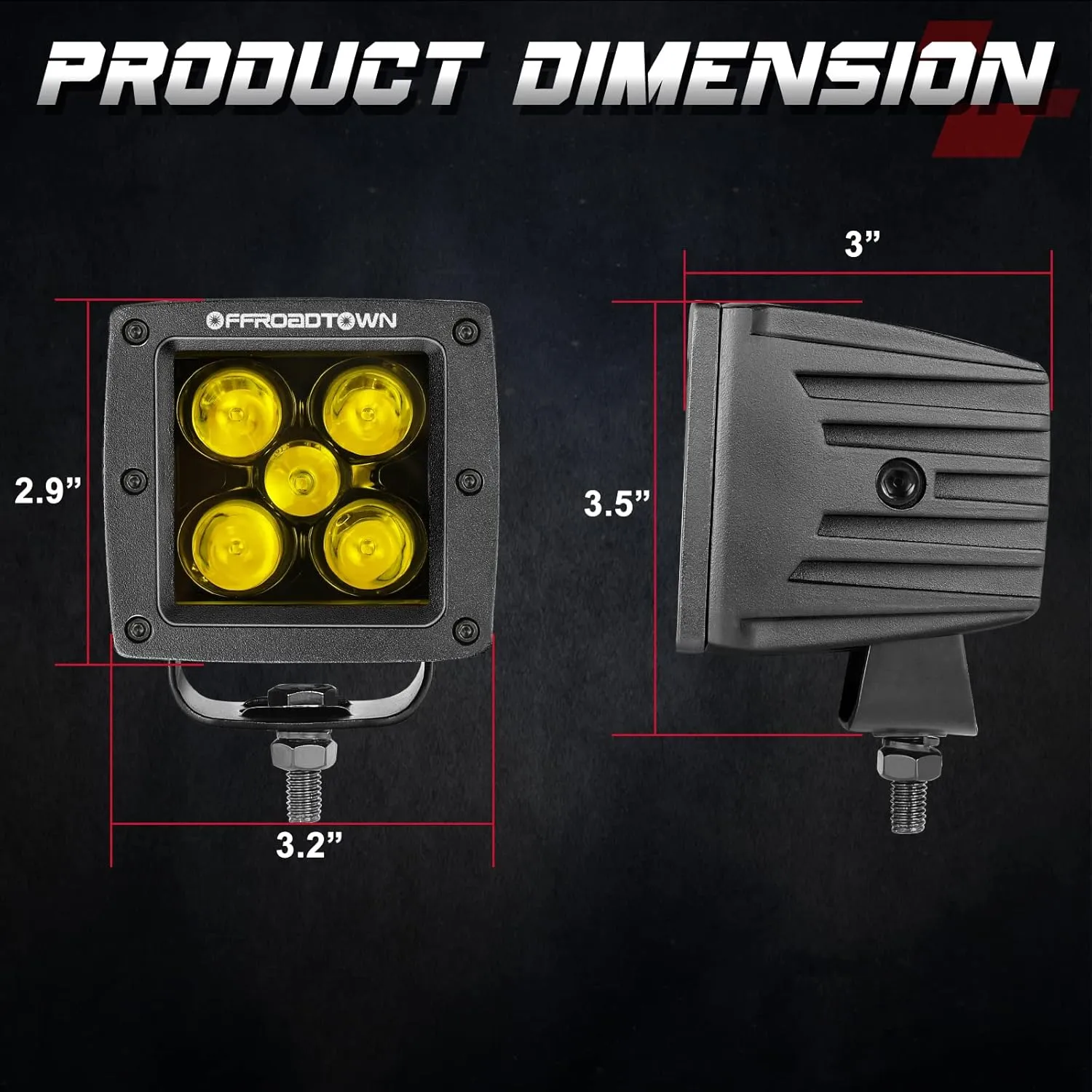 Yellow LED Pods, OFFROADTOWN 100W 2PCS 3 Inch CREE LED Cubes Light Spot Beam Off Road Driving Lights LED Pod Lights Square Led Cubes Yellow Fog Light Ditch Lighting for Trucks UTV ATV SUV Surron Boat