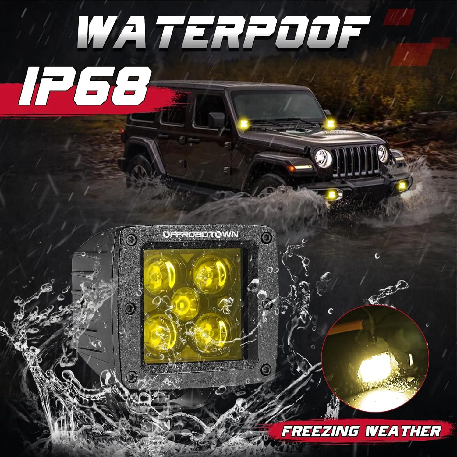 Yellow LED Pods, OFFROADTOWN 100W 2PCS 3 Inch CREE LED Cubes Light Spot Beam Off Road Driving Lights LED Pod Lights Square Led Cubes Yellow Fog Light Ditch Lighting for Trucks UTV ATV SUV Surron Boat