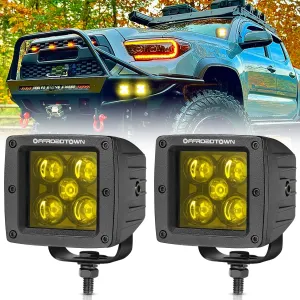 Yellow LED Pods, OFFROADTOWN 100W 2PCS 3 Inch CREE LED Cubes Light Spot Beam Off Road Driving Lights LED Pod Lights Square Led Cubes Yellow Fog Light Ditch Lighting for Trucks UTV ATV SUV Surron Boat