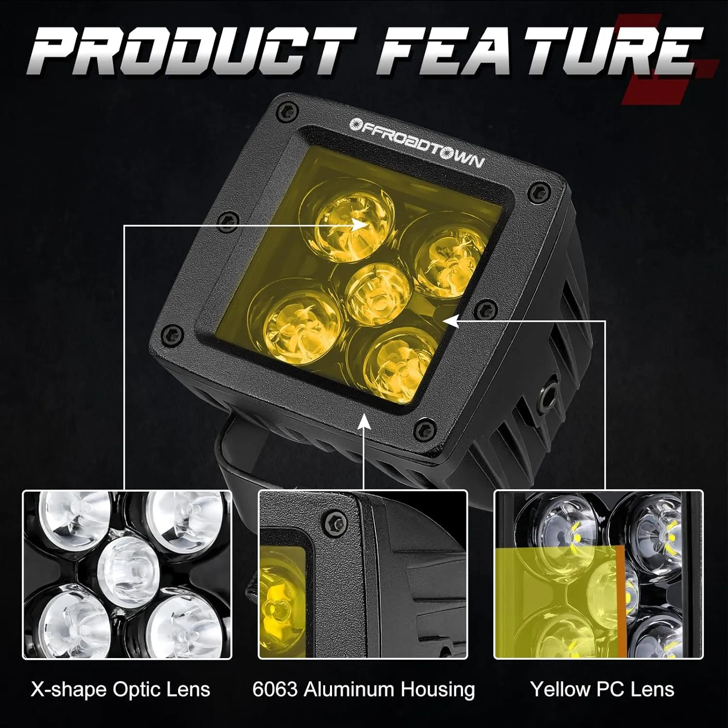 Yellow LED Pods, OFFROADTOWN 100W 2PCS 3 Inch CREE LED Cubes Light Spot Beam Off Road Driving Lights LED Pod Lights Square Led Cubes Yellow Fog Light Ditch Lighting for Trucks UTV ATV SUV Surron Boat