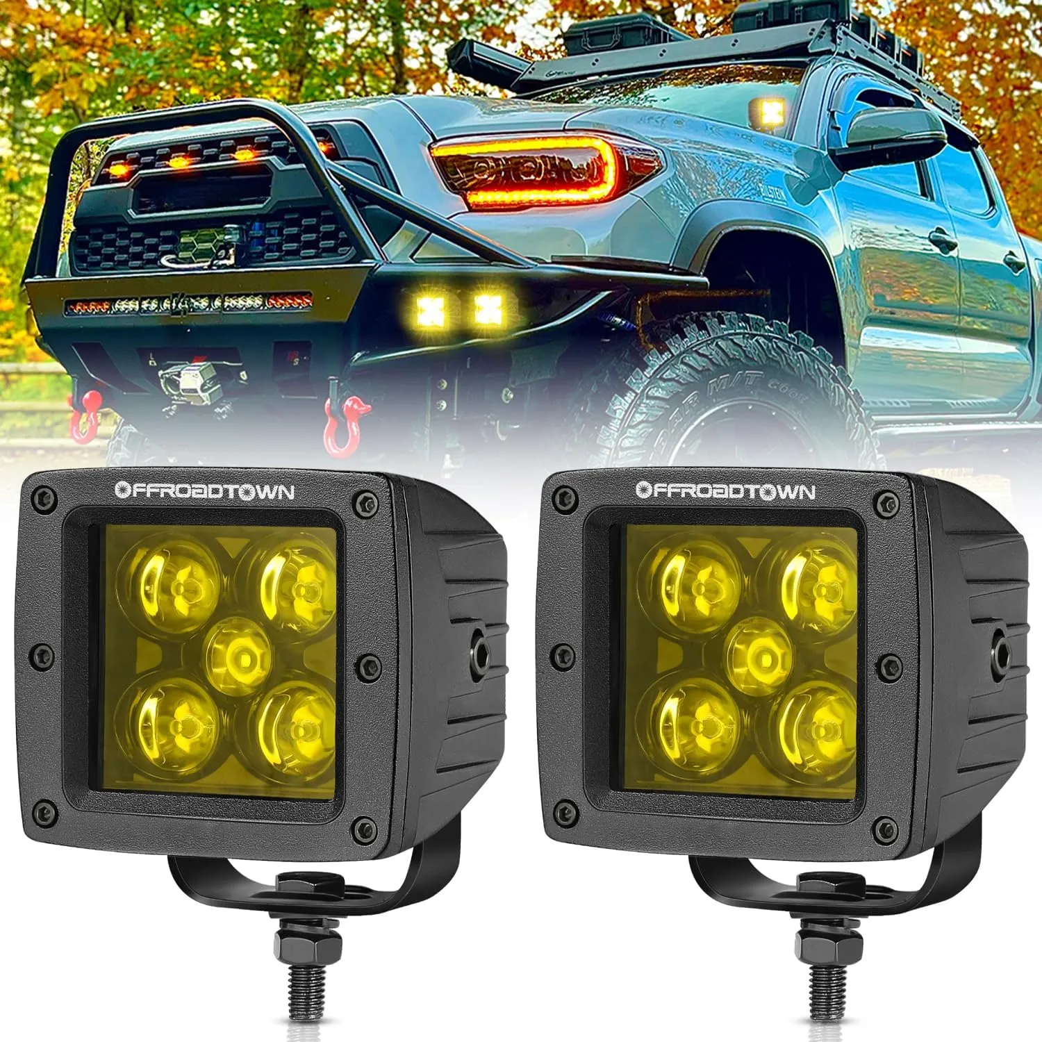 Yellow LED Pods, OFFROADTOWN 100W 2PCS 3 Inch CREE LED Cubes Light Spot Beam Off Road Driving Lights LED Pod Lights Square Led Cubes Yellow Fog Light Ditch Lighting for Trucks UTV ATV SUV Surron Boat