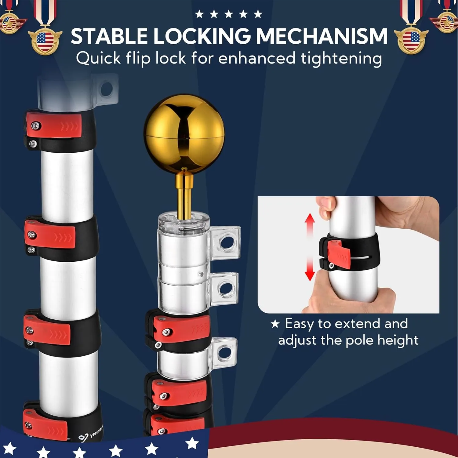 Yescom EZ GO 20ft Telescopic Flag Pole Kit Upgrade Rotating Lock Aluminum Flagpole Set for Outside House Inground Outdoor Camper RV Tailgate Residential Commercial with 3x5' US Flag Ball Top, Silver