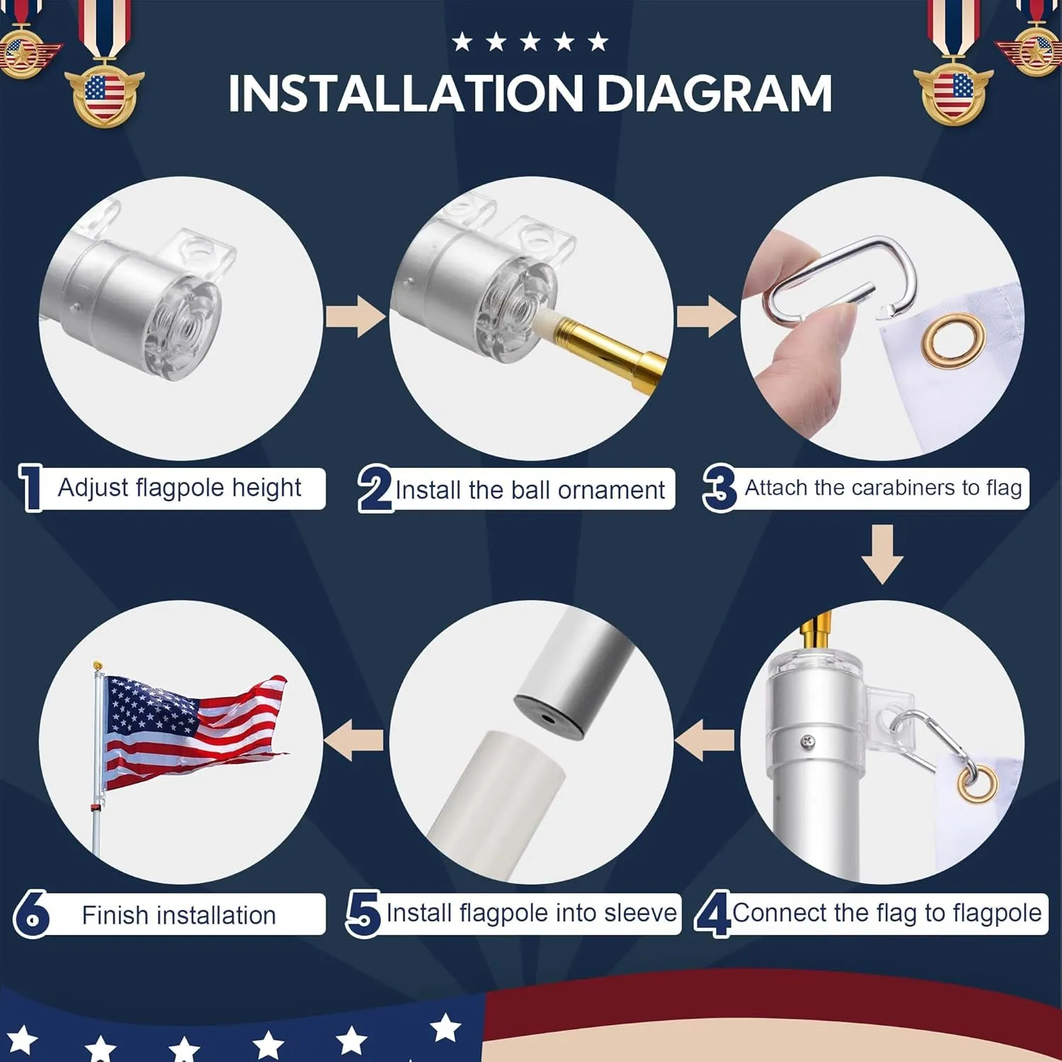 Yescom EZ GO 20ft Telescopic Flag Pole Kit Upgrade Rotating Lock Aluminum Flagpole Set for Outside House Inground Outdoor Camper RV Tailgate Residential Commercial with 3x5' US Flag Ball Top, Silver