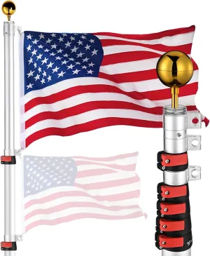 Yescom EZ GO 20ft Telescopic Flag Pole Kit Upgrade Rotating Lock Aluminum Flagpole Set for Outside House Inground Outdoor Camper RV Tailgate Residential Commercial with 3x5' US Flag Ball Top, Silver