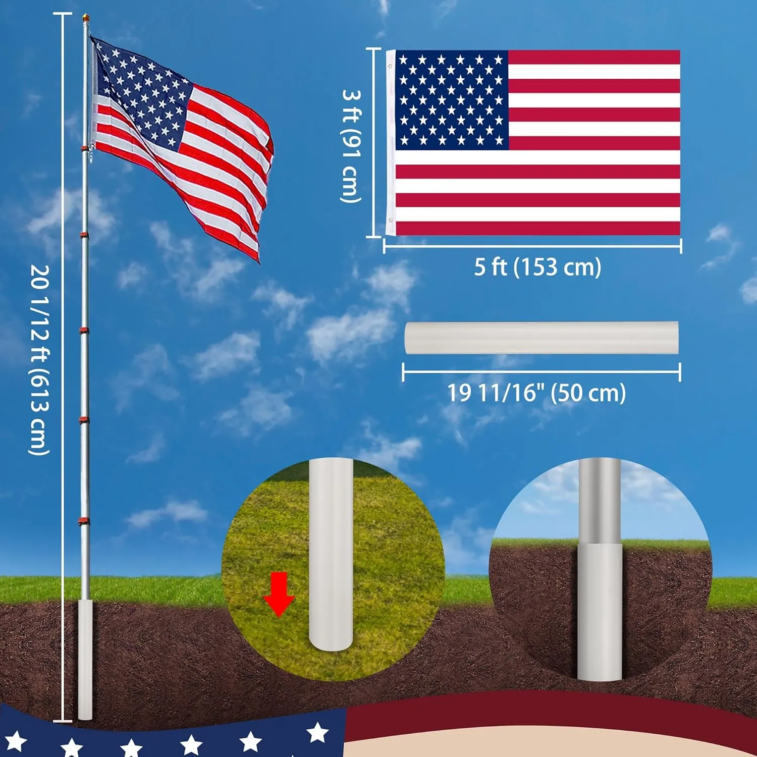 Yescom EZ GO 20ft Telescopic Flag Pole Kit Upgrade Rotating Lock Aluminum Flagpole Set for Outside House Inground Outdoor Camper RV Tailgate Residential Commercial with 3x5' US Flag Ball Top, Silver