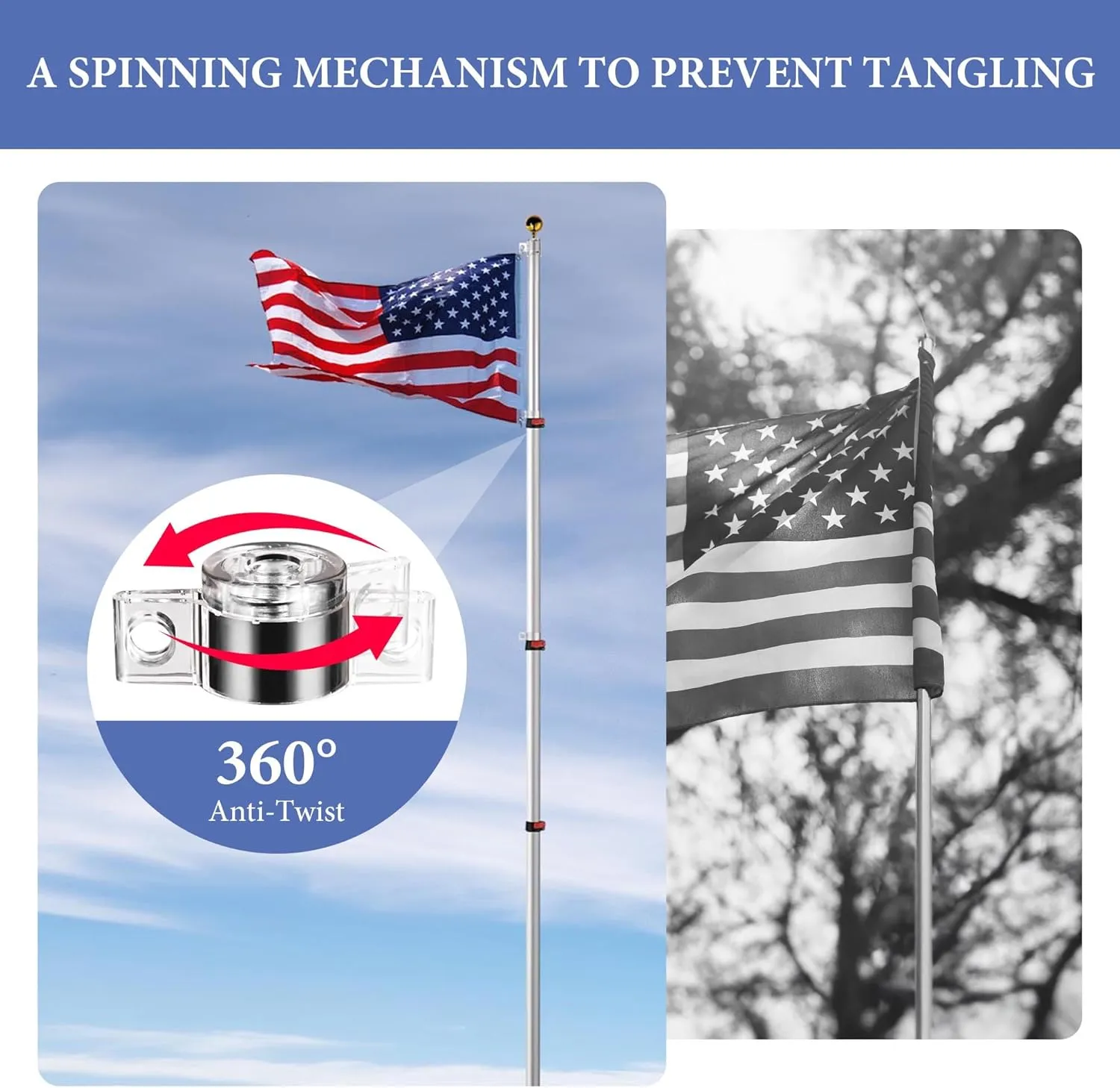 Yescom EZ GO 20ft Telescopic Flag Pole Kit Upgrade Rotating Lock Aluminum Flagpole Set for Outside House Inground Outdoor Camper RV Tailgate Residential Commercial with 3x5' US Flag Ball Top, Silver
