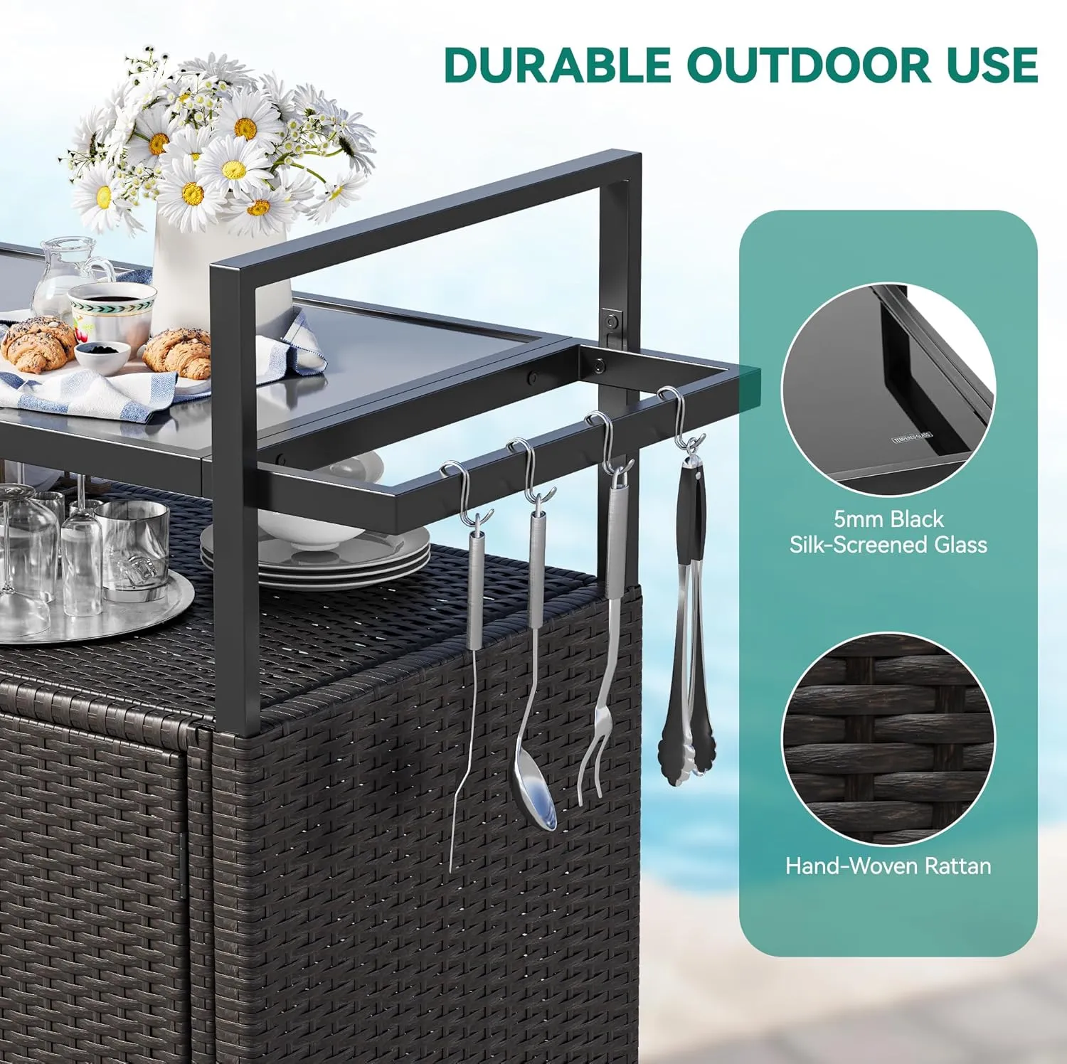 YITAHOME Large Outdoor Kitchen Wicker Island Rolling Cart & Patio Bar Table, w/Wheels and Black Glass Table Top Backyard and Poolside Dark Brown
