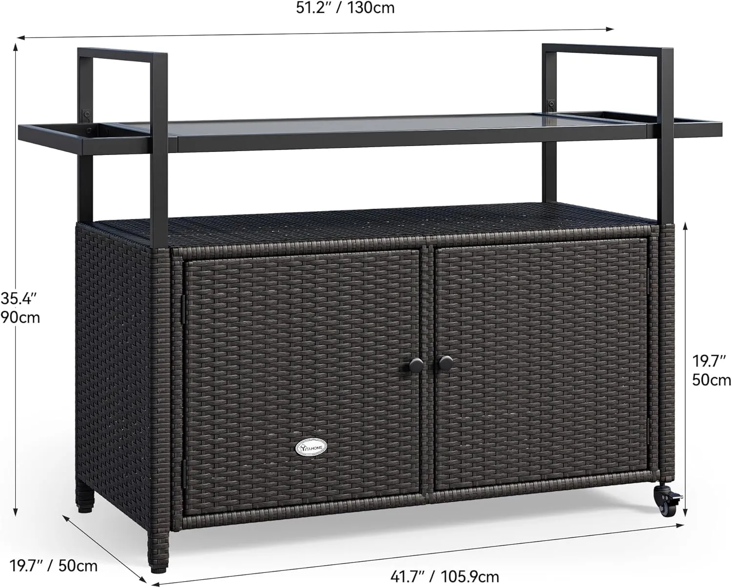 YITAHOME Large Outdoor Kitchen Wicker Island Rolling Cart & Patio Bar Table, w/Wheels and Black Glass Table Top Backyard and Poolside Dark Brown